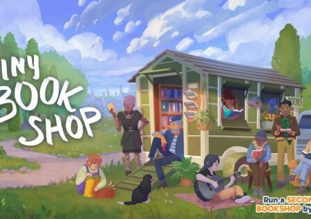 featured image for our news on Tiny Bookshop mobile. It shows a motorhome. Outside, some people are chatting with each other, one is playing with cats, one is playing her guitar, and few are reading books.