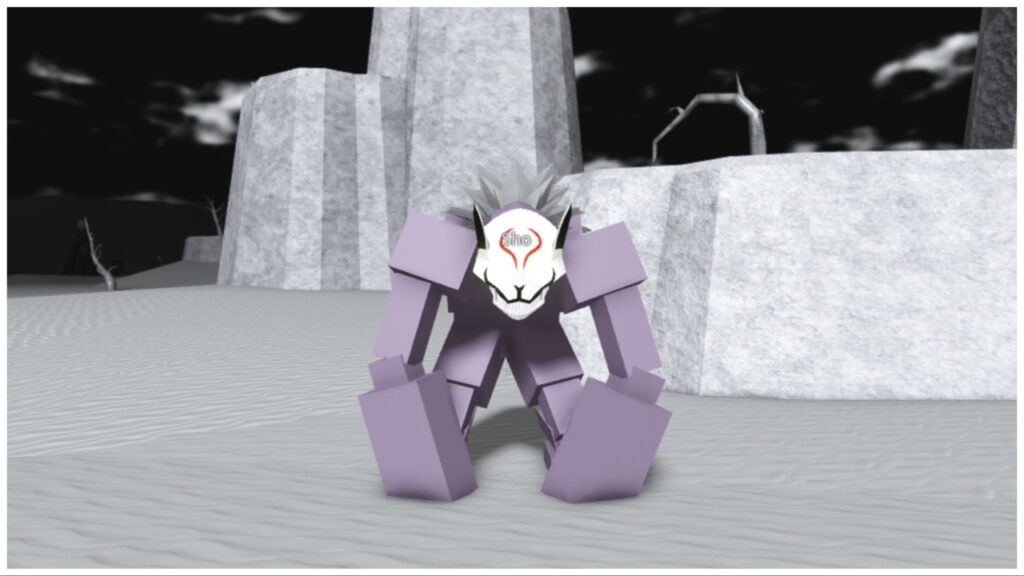 The image shows my avatar hunched over on all fours with a unique kitsune type mask across its face with a crooked smile and unnerving glowing eyes.