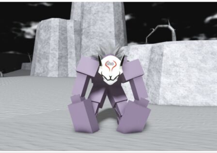 The image shows my avatar hunched over on all fours with a unique kitsune type mask across its face with a crooked smile and unnerving glowing eyes.