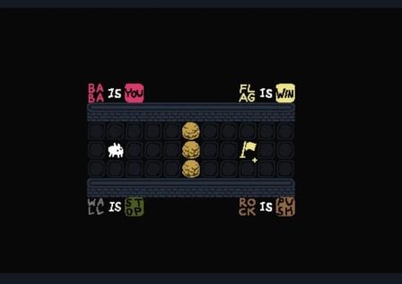 Feature image for our feature on the best Android word games. It shows a screen from Baba Is You, with Baba standing in a hallway, a row of rocks in front of them.