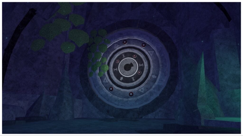Feature image for our how to open the ancient archives gate in fish showing the gate locked in a dark gloomy stone room with overgrown vines on either side