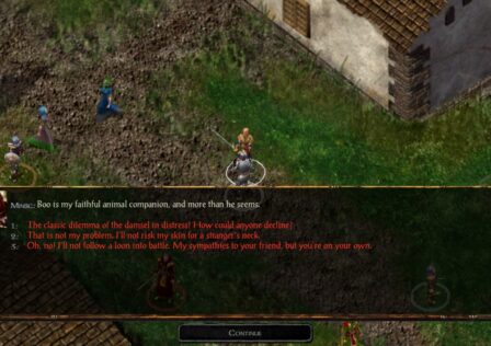 Feature image for our article on the best Android sales and deals with week. Screenshot from Baldur's Gate Enchanced Edition, showing the NPC Minsc talking to the player character about his animal companion, Boo.