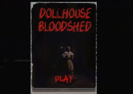 Feature image for our guide on how to play Dollhouse Bloodshed. It shows the game's title screen, showing a low red image of a doll-like figure, something taller looming behind them with an axe, and the title in red.