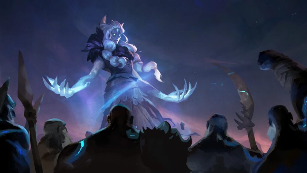 featured image for our news on Albion Online Keeper Uprising. It shows a massive female character rising up in the air, while others are looking from the ground.