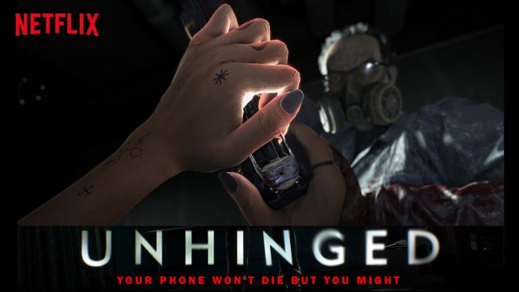 featured image for our news on Netflix Unhinged. It shows a hand holding a phone and a mysterious character standing in front.