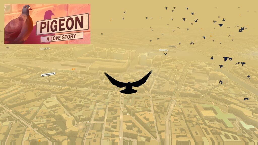 featured image for our news on Pigeon: A Love Story. It shows a pigeon flying in the sky over a city. There are other birds far away flying.