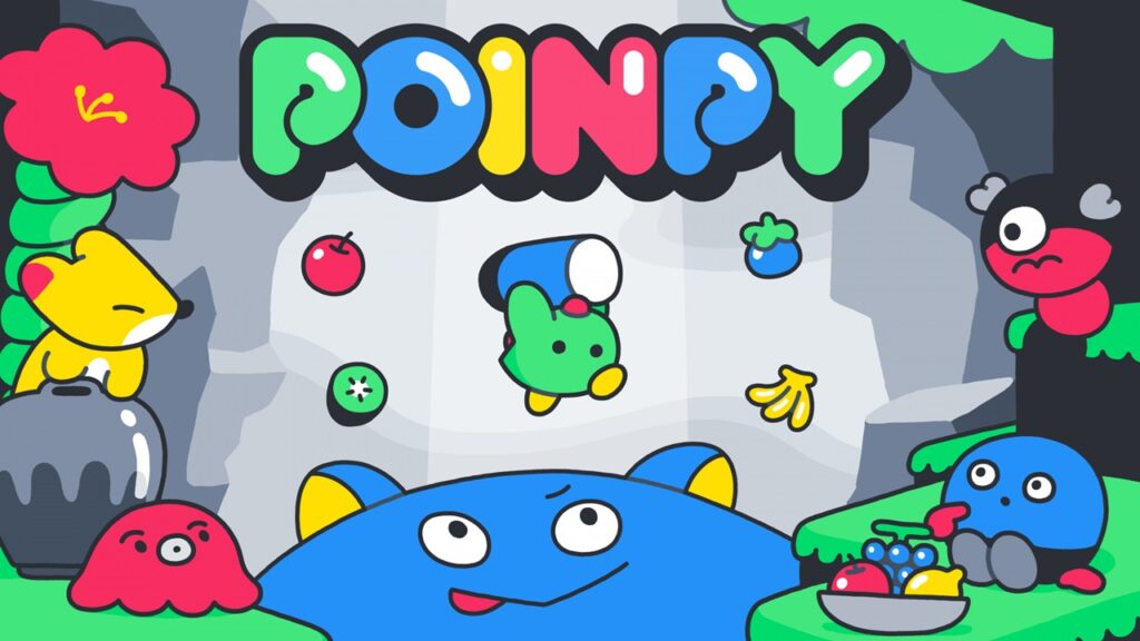 featured image for our news on Poinpy Comeback. It shows the title character, a green dinosaur, ascending through various environments and collecting fruits.