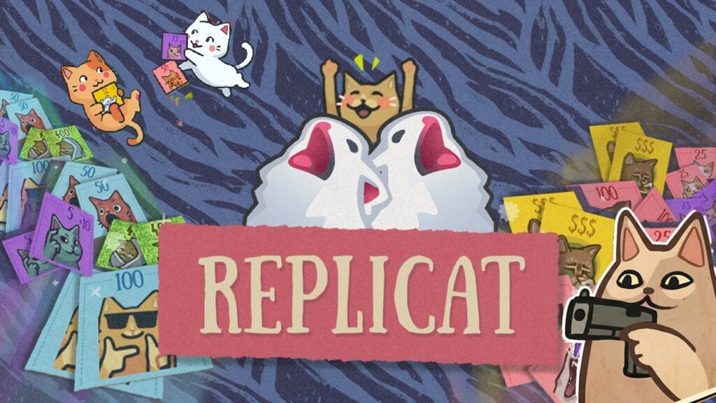 featured image for our news on Replicat. It shows 2D cats. Two are getting married, two are playing cards, and one is pointing a gun.