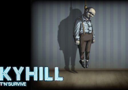 featured image for our news on SKYHILL: Hotel Survival. It shows a man hanging himself from the ceiling.