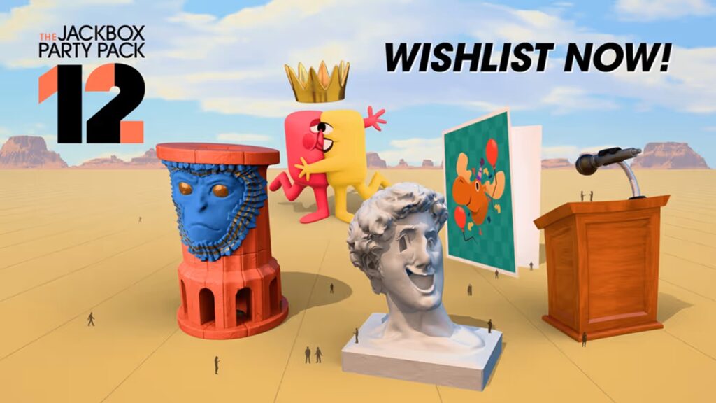 featured image for our news on The Jackbox Party Pack 12. It shows an item from each of the five new games. There's a greeting card, a podium with a mike, two bust idols and a half-and-half cartoonish character.