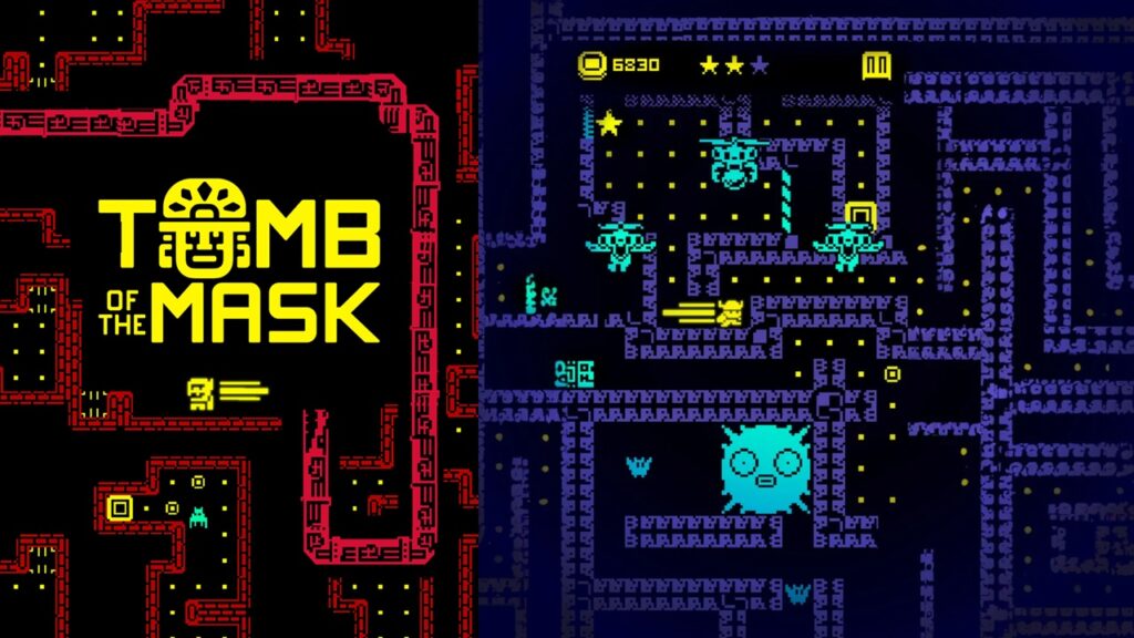 featured image for our news on Tomb of the Mask NETFLIX. It shows a Pacman-like interface with different vibrant mazes.
