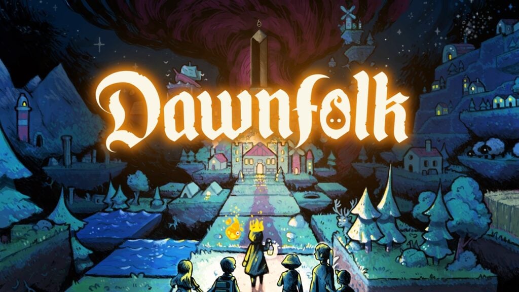 featured image for our news on TownsFolk x Dawnfolk. It shows a brightly lit castle. A few people are walking towards it.