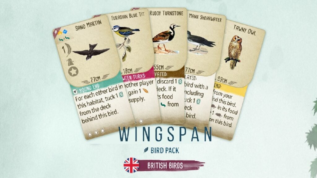 featured image for our news on Wingspan Bird Pack: British Birds. It shows five cards with different birds and their in-game stats.