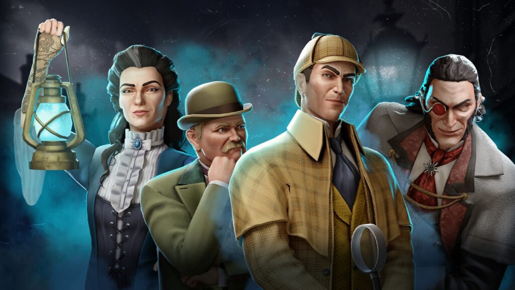 featured image for our news on Cluedo The Sherlock Suspect Pack. It shows the four featured characters: • Sherlock Holmes • Professor Moriarty • Dr Watson • Irene Adler