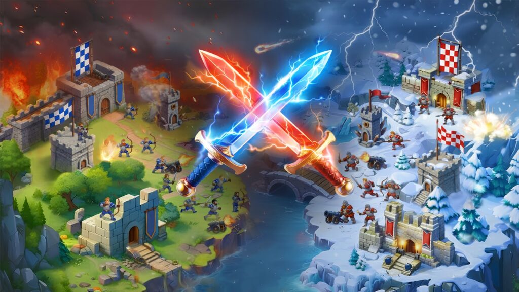 featured image for our news on Hustle Castle Game of Clans. It shows two swords clashing. Behind them is a bird's eye view of armies battling it out.