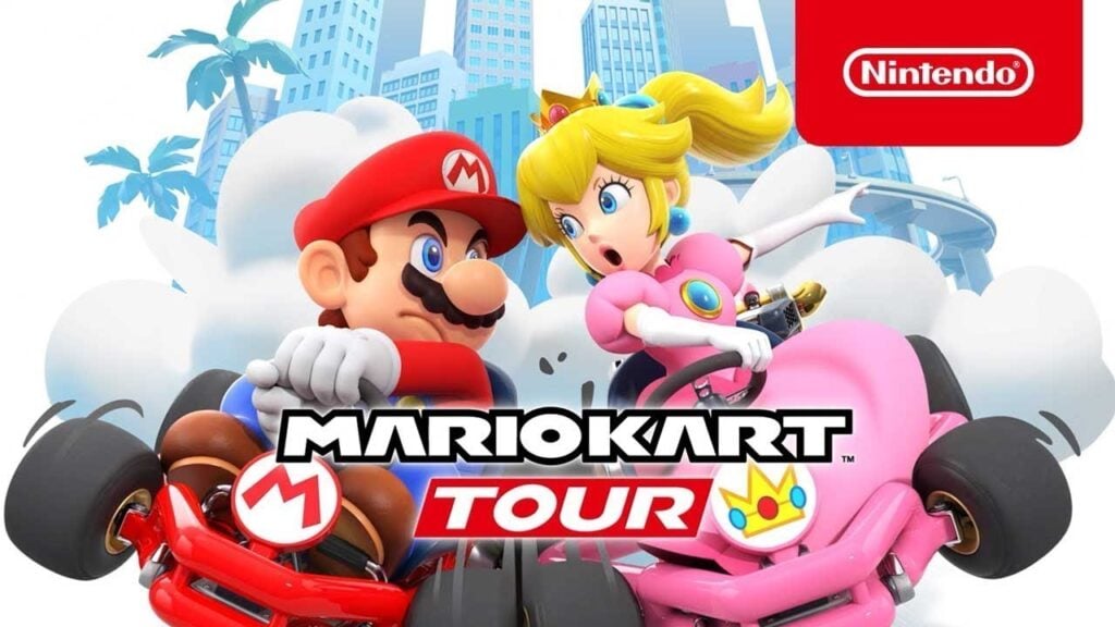 featured image for our news on Mario Kart Tour EOS. It shows Mario and Princess Peach in their respective racing cars.