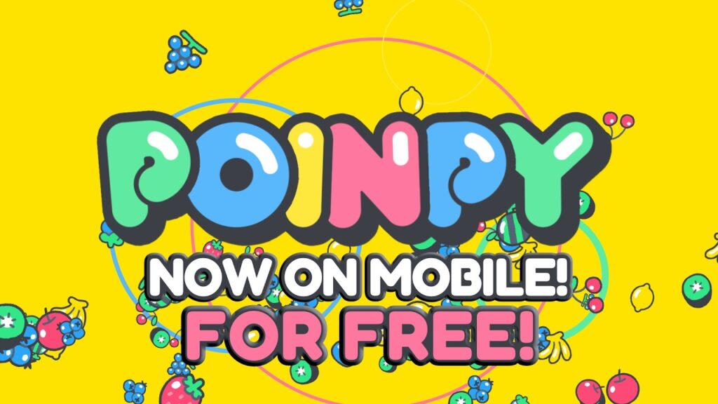 featured image for our news on Poinpy. It shows the colourful logo of Poinpy and says it's now on mobile against a yellow background.