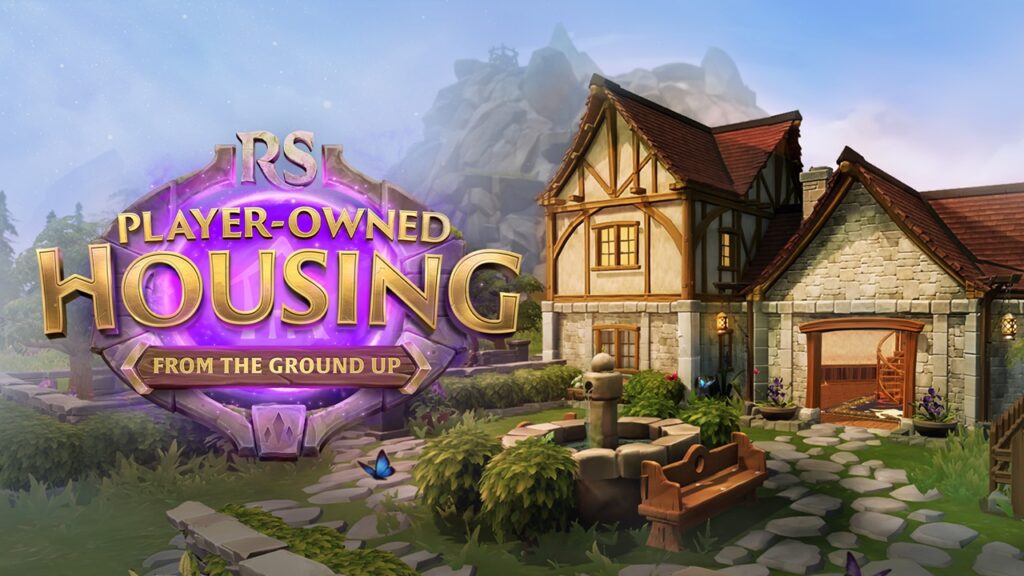 featured image for our news on RuneScape Housing update. It shows a big house with a fountain in the front.