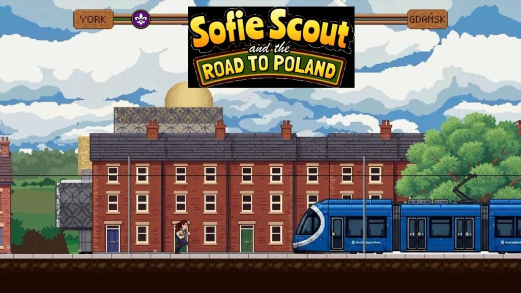 featured image for our news on SOFIE SCOUT – Road to Poland. It shows a European red building of three tiers. A blue train is passing right on the railroad in front of it.