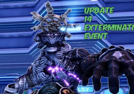 Feature image for our Anime Vanguards update 14 codes guide. It shows an in-game screen with a figure reaching toward the viewer which resembles Mahoraga from Jujutsu Kaisen, a tall muscular figure with pale skin, no eyes and a lipless mouth, a gold wheel floats over its head. One hand is extended towards the viewer.